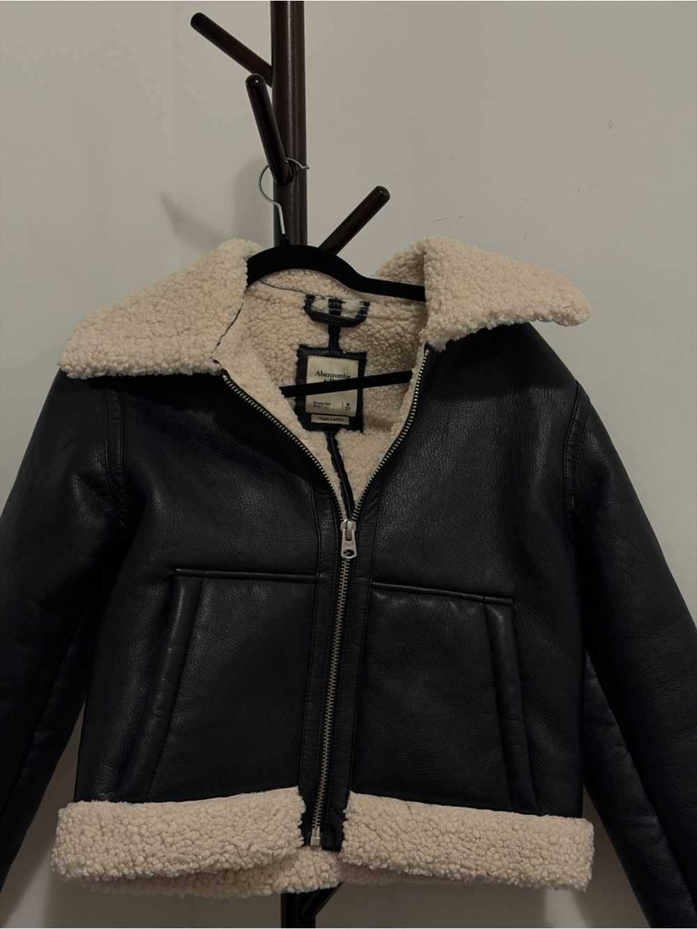 Black Faux Leather Sherpa-Lined Jacket with Cream Trim Abercrombie & Fitch